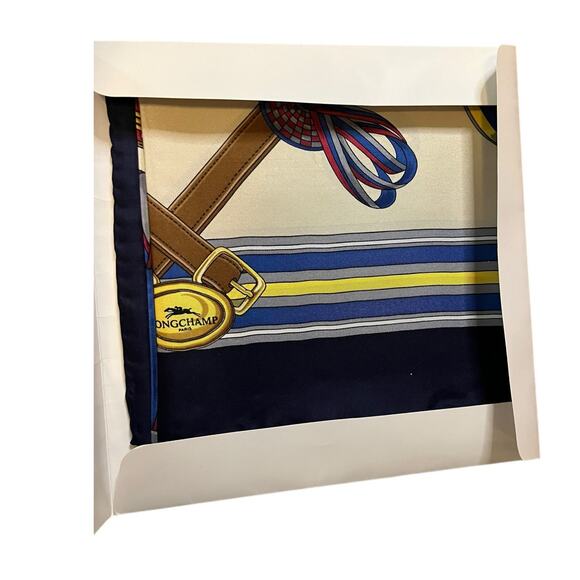 Longchamp Square Silk Scarf Ribbon Design Navy Border 90x90 cm 35x35 inches - Picture 5 of 9